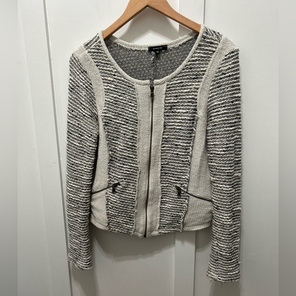 DREW Contrast Tweed‎ Boucle Woven Knit Zip Up Moto Jacket Size Medium